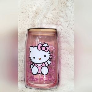 HELLO KITTY Pink Glass Tumbler W/ Bamboo Lid & Glass Straw